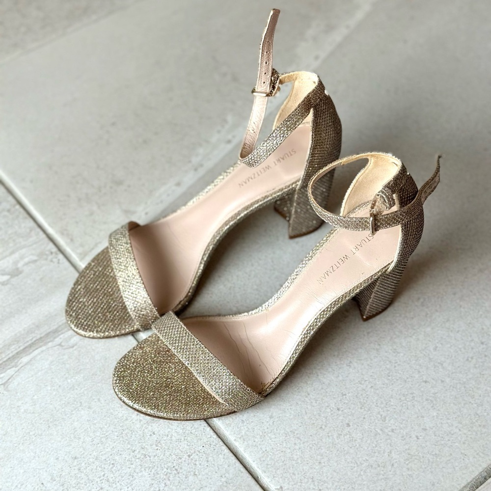 STUART WEITZMAN Gold Ankle Strap Heels